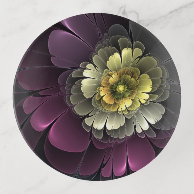 Abstract Modern Purpur Khaki Gray Fractal Flower Trinket Tray (Front)
