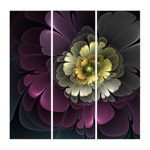 Abstract Modern Purpur Khaki Gray Fractal Flower Triptych