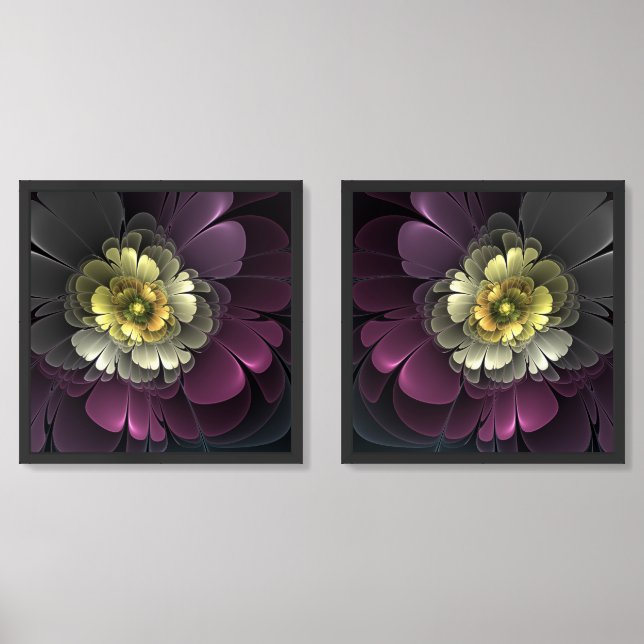 Abstract Modern Purpur Khaki Gray Fractal Flower Wall Art Sets (Front)
