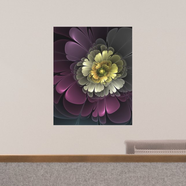 Abstract Modern Purpur Khaki Gray Fractal Flower Wall Decal (Office)