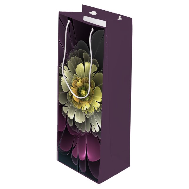 Abstract Modern Purpur Khaki Gray Fractal Flower Wine Gift Bag (Front Angled)