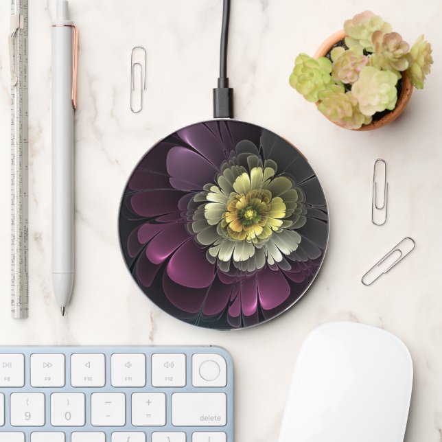 Abstract Modern Purpur Khaki Gray Fractal Flower Wireless Charger (Desk)