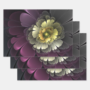 Abstract Modern Purpur Khaki Gray Fractal Flower Wrapping Paper Sheets