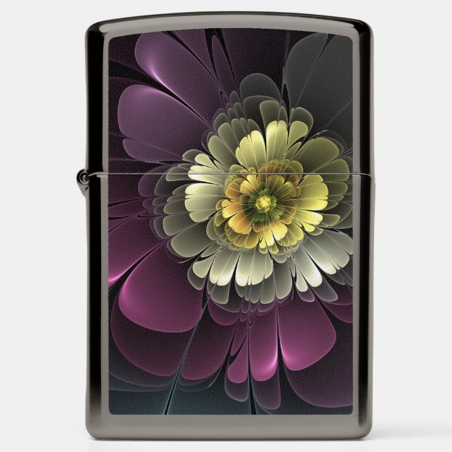 Abstract Modern Purpur Khaki Gray Fractal Flower Zippo Lighter (Front)