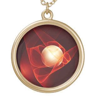Abstract Modern Red Cream Fantasy Fractal Art Gold Plated Necklace