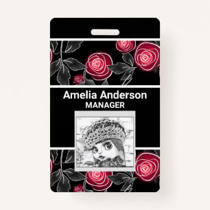 Abstract modern red roses leaves  sketched flowers badge
