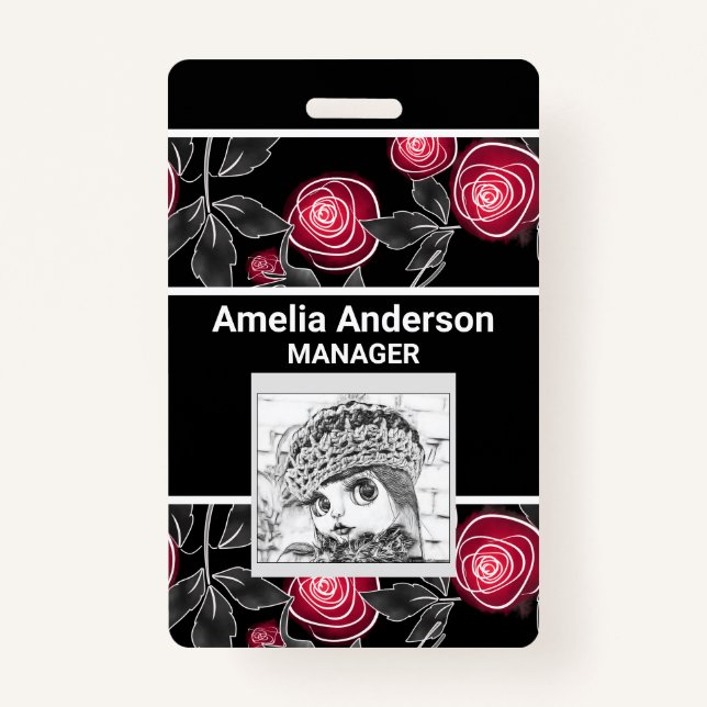 Abstract modern red roses leaves  sketched flowers badge (Front)