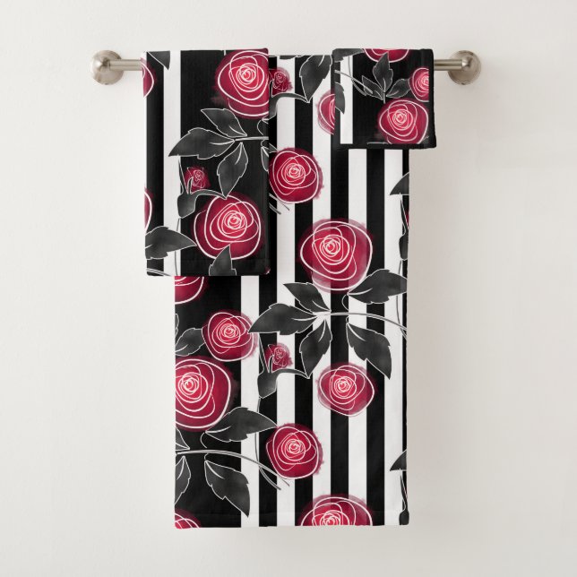 Abstract modern red roses leaves  sketched flowers bath towel set (Insitu)