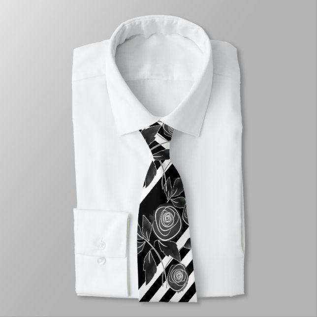 Abstract modern red roses leaves  sketched flowers neck tie (Tied)
