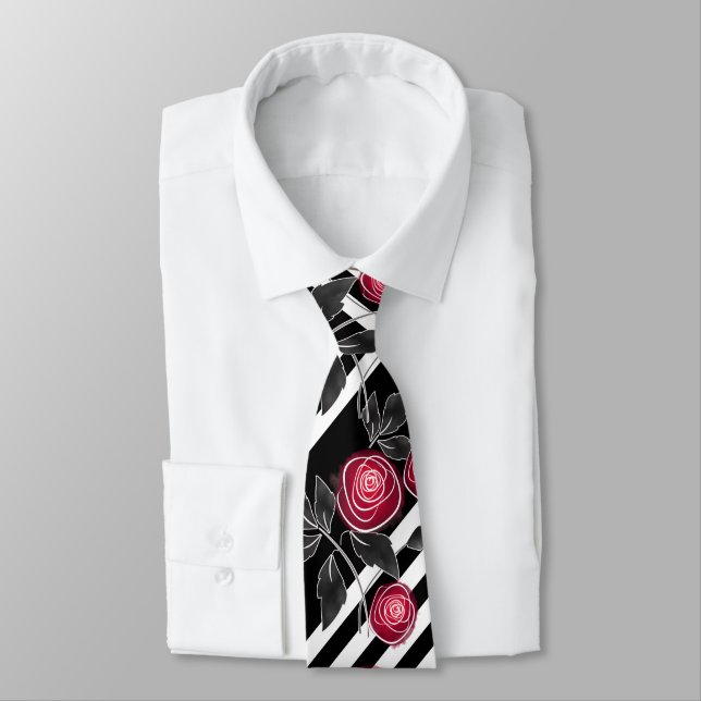 Abstract modern red roses leaves  sketched flowers neck tie (Tied)