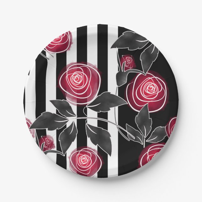 Abstract modern red roses leaves  sketched flowers paper plates (Front)