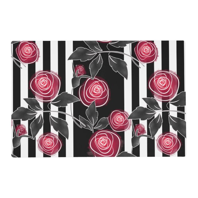 Abstract modern red roses leaves  sketched flowers placemat (Front)