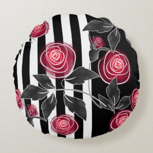 Abstract modern red roses leaves  sketched flowers round pillow