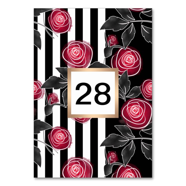 Abstract modern red roses leaves  sketched flowers table number (Front)