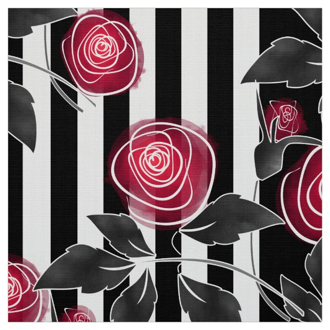 Abstract modern red roses white black striped line fabric (Swatch)