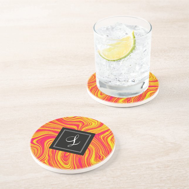 Abstract Modern Red Yellow Liquid Marble Coaster (Side)