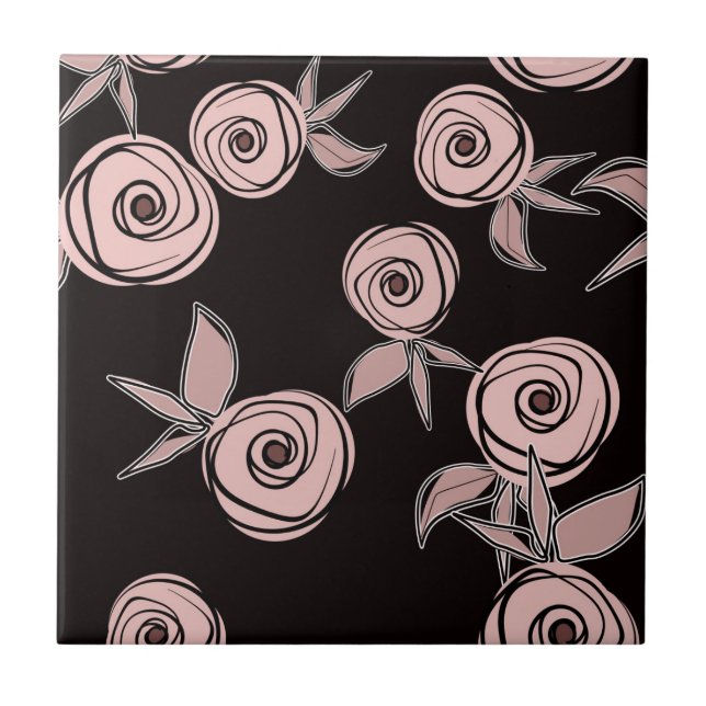 Abstract modern roses flowers pink blush black flo ceramic tile (Front)