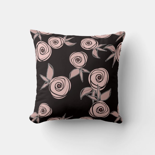 Abstract modern roses flowers pink blush black flo throw pillow (Front)