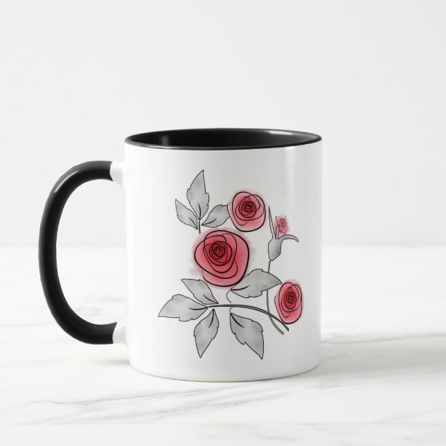 Abstract modern roses flowers red gray floral whit mug (Left)