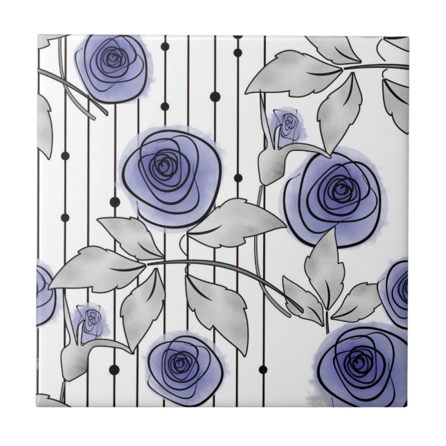 Abstract modern roses flowers violet gray white be ceramic tile (Front)