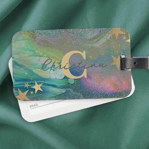 Abstract Modern Starry Glitter Liquid Name Initial Luggage Tag