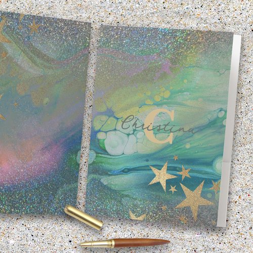 Abstract Modern Starry Glitter Liquid Name Initial Pocket Folder