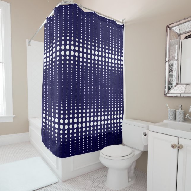 Abstract modern stylish navy white lines dots circ shower curtain (In Situ)