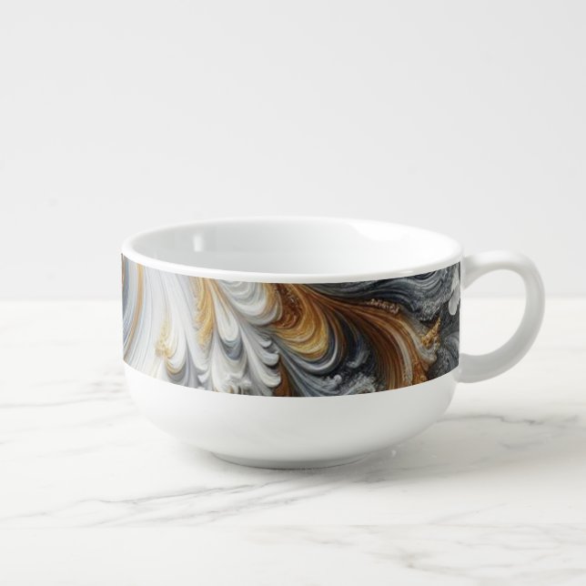 Abstract Modern Swirling Gold, Black and White  Soup Mug (Left)