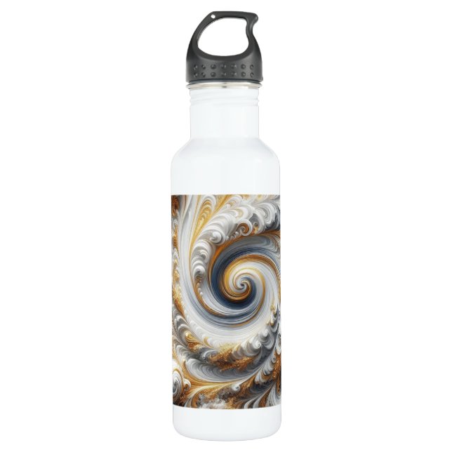 Abstract Modern Swirling Gold, Black and White Stainless Steel Water Bottle (Front)