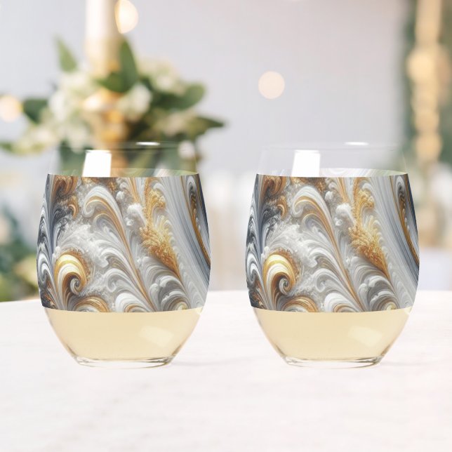 Abstract Modern Swirling Gold, Black and White  Stemless Wine Glass (Insitu (Wedding))