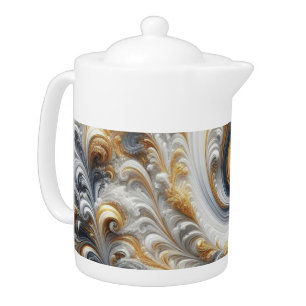 Abstract Modern Swirling Gold, Black and White  Teapot