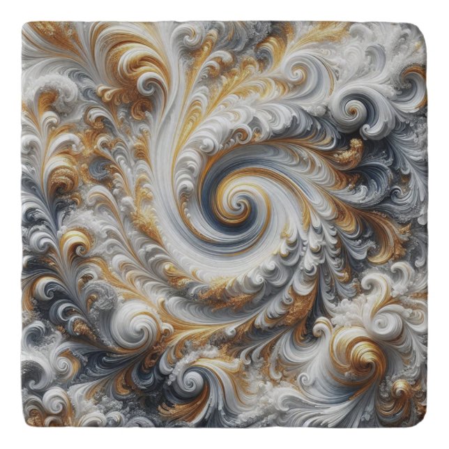 Abstract Modern Swirling Gold, Black and White  Trivet (Front)
