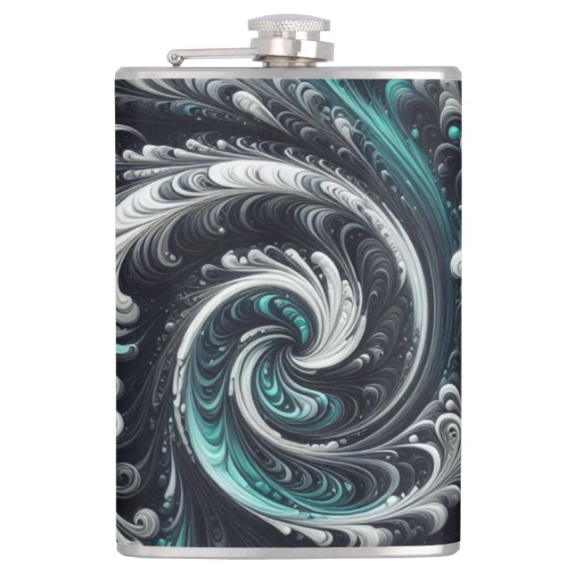 Abstract Modern Swirling Green, Silver and Black Flask (Front)