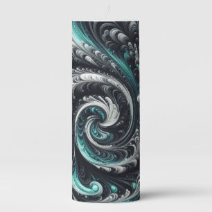 Abstract Modern Swirling Green, Silver and Black Pillar Candle