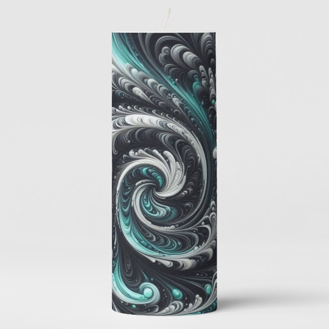 Abstract Modern Swirling Green, Silver and Black Pillar Candle (Front)