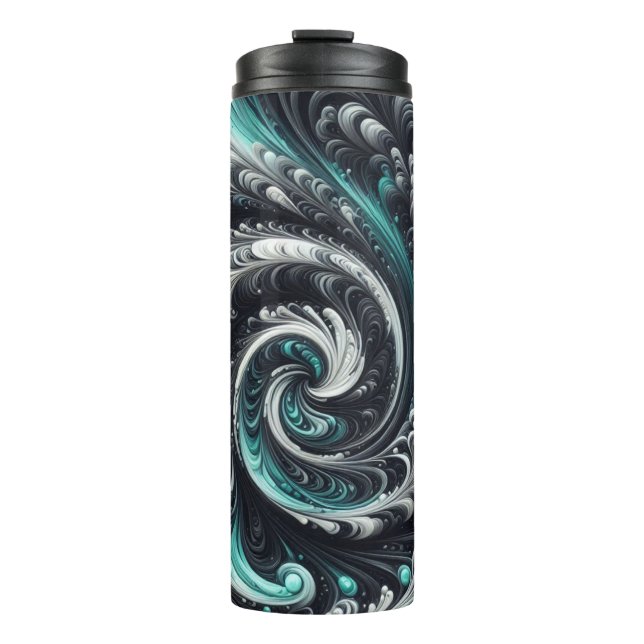 Abstract Modern Swirling Green, Silver and Black Thermal Tumbler (Front)