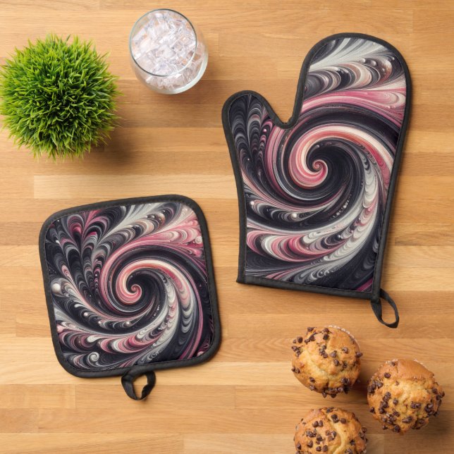 Abstract Modern Swirling Pink, Black and White Oven Mitt & Pot Holder Set (Top Down)