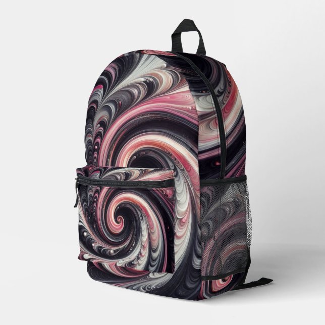 Abstract Modern Swirling Pink, Black and White  Printed Backpack (Back Corner Right)