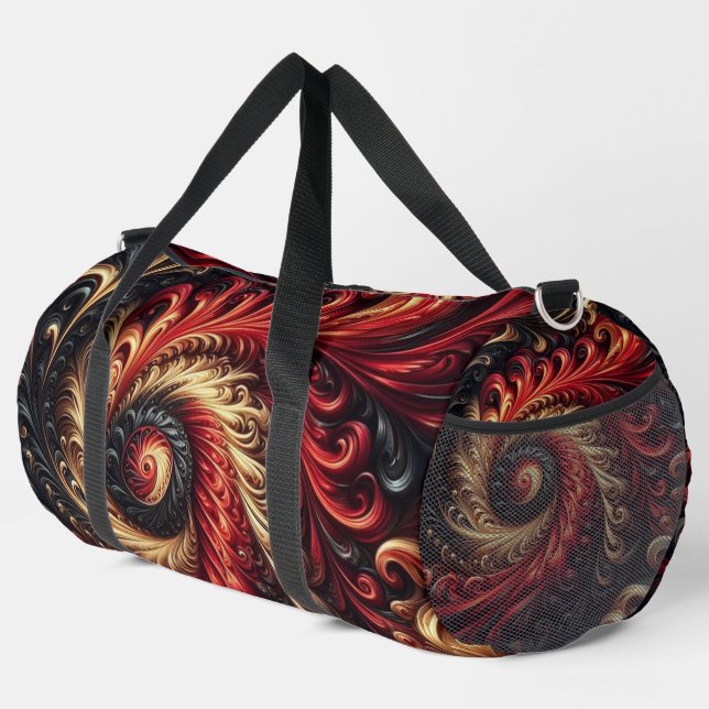Abstract Modern Swirling Red, Black and Gold Duffle Bag (Right Corner)