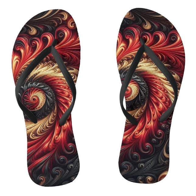 Abstract Modern Swirling Red, Black and Gold Flip Flops (Footbed)