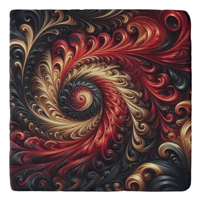 Abstract Modern Swirling Red, Black and Gold Trivet (Front)