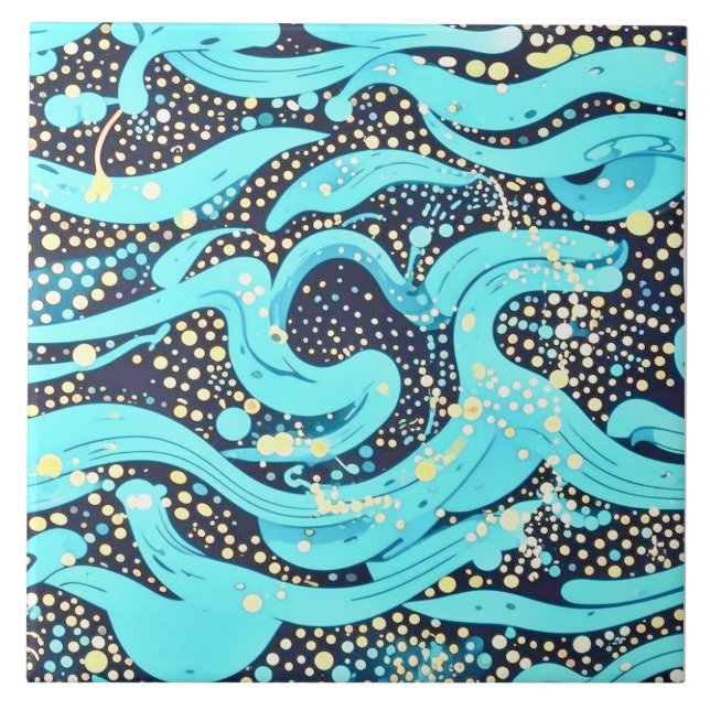 Abstract Modern Teal Blue Wavy Dots & Spots Ceramic Tile (Front)