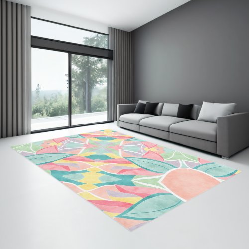 Abstract modern tropical watercolor leaf pattern rug