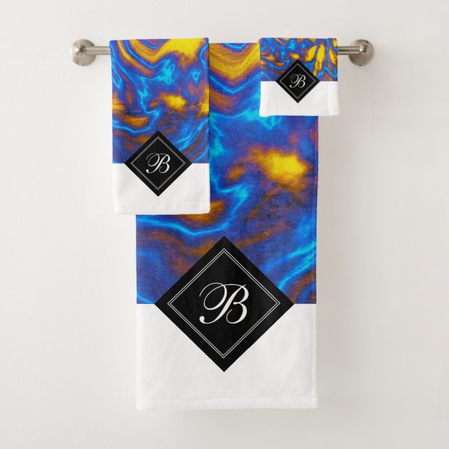 Abstract Modern Yellow Blue Purple Liquid Marble Bath Towel Set (Insitu)