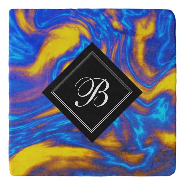 Abstract Modern Yellow Blue Purple Liquid Marble Trivet (Front)