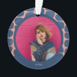 Abstract Modish Pattern Photo Ornament<br><div class="desc">Abstract modish shapes,  personalized holiday photo ornament. Festive shades of pink,  blue and faux gold shapes with single round photo frame and text line for year.</div>