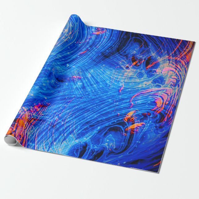 Abstract Molten Liquid Saphire Blue and Orange Wrapping Paper (Unrolled)