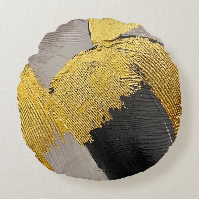 Abstract monochrome colors with gold brushstrokes round pillow (Front)