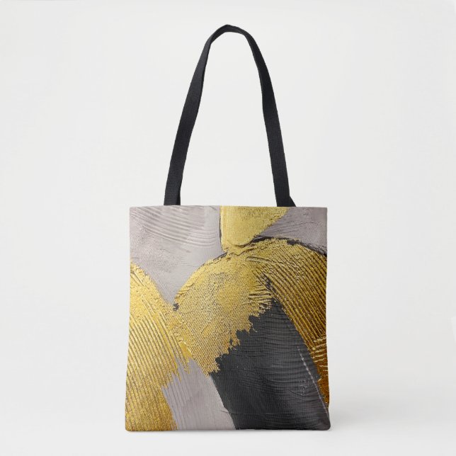 Abstract monochrome colors with gold brushstrokes tote bag (Front)
