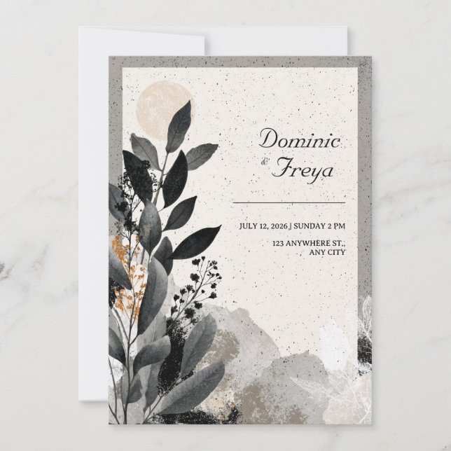 Abstract Monochrome Eucalyptus Gold Speckle Invitation (Front)